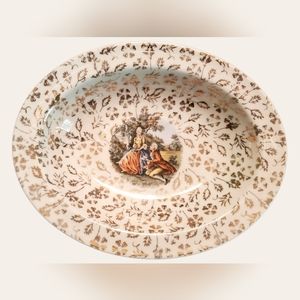 ATLAS China Warranted 22 KT Gold French Garden Scene 10' Oval bowl
